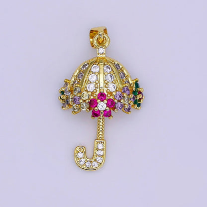 Clear Micro Paved Umbrella Multicolor CZ Flower Gold Pendant | AA019