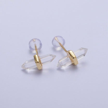Clear Quartz Pointed Wand Gold Minimalist Stud Earrings | AD-097