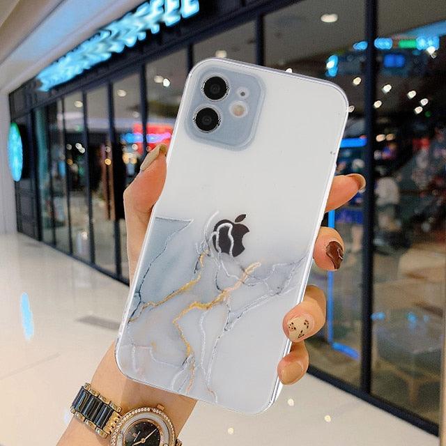 Clear Watercolor Marble Texture Phone Case For iPhone 11 Pro Max 11 Mini X XR XS Max 7 8 6s Plus Soft Back Cover Gold-Plated Silicone Mobile Phone Case Bumper Scratch-Resistant Protective Case