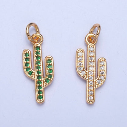 16K Gold Filled Clear, Green Micro Paved CZ Cactus Desert Plant Charm | X036 X037