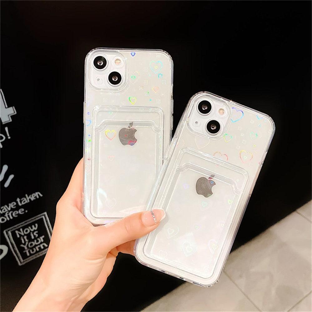 Colorful Transparent Holographic Love Heart Cute Case Transparent Gradient Love Heart Pattern Wallet Card Phone Case For iPhone 13 12 11 Pro Max X XR XS 7 8 6 Plus Minimalist Design Phone Case