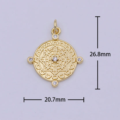Compass Pendant, cubic zirconia cz diamonds, 14K Gold Filled, medallion pendant for Necklace Jewelry Making W-170