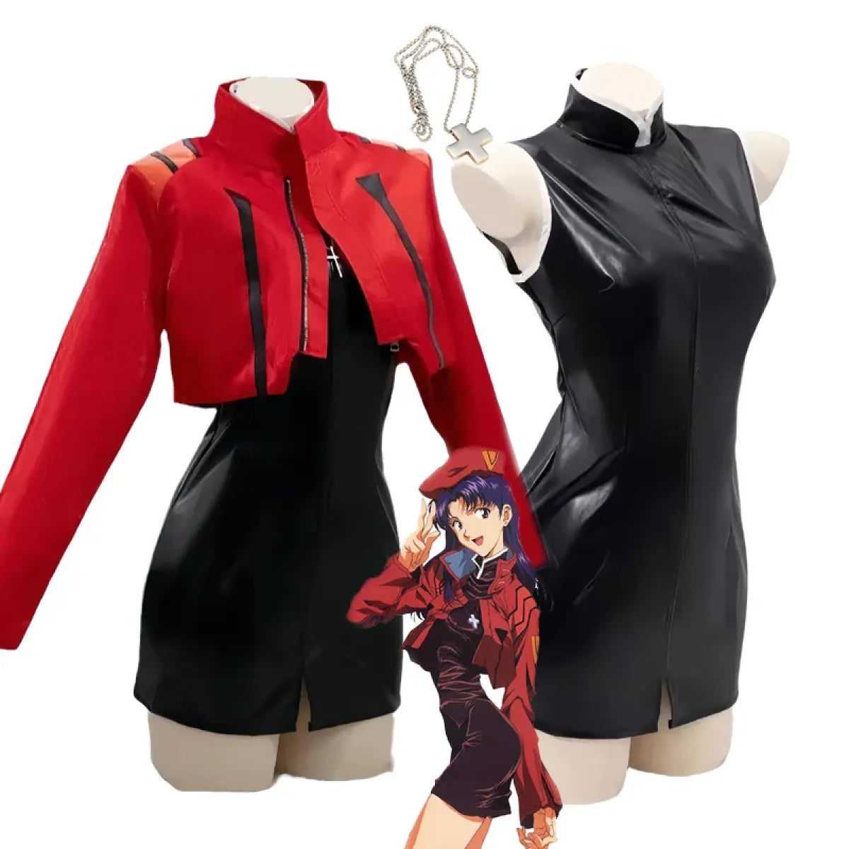Misato Katsuragi EVA Cosplay Set – Red Jacket &amp; Black Dress Costume