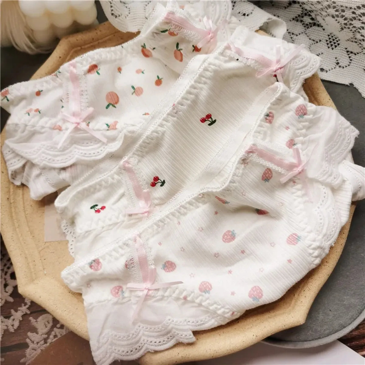 Cotton Lace Low Waist Panties with Fruit Print &amp; Bows – Kawaii Lingerie