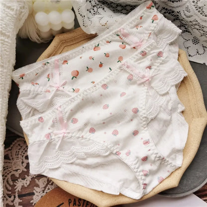 Cotton Lace Low Waist Panties with Fruit Print &amp; Bows – Kawaii Lingerie