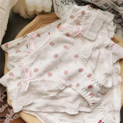 Cotton Lace Low Waist Panties with Fruit Print &amp; Bows – Kawaii Lingerie