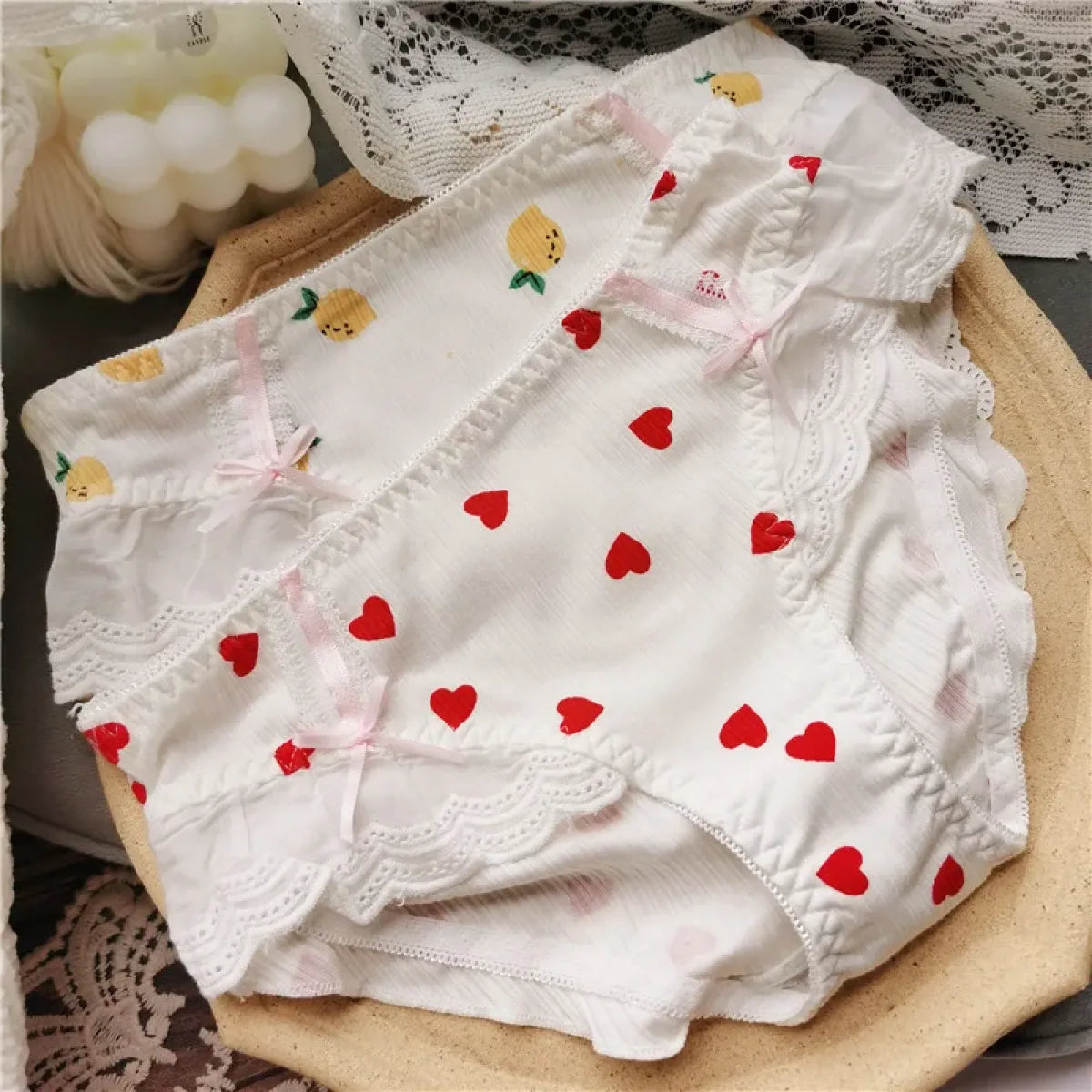 Cotton Lace Low Waist Panties with Fruit Print &amp; Bows – Kawaii Lingerie