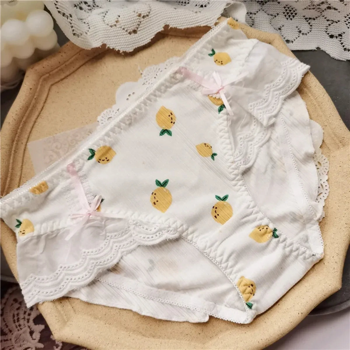 Cotton Lace Low Waist Panties with Fruit Print &amp; Bows – Kawaii Lingerie