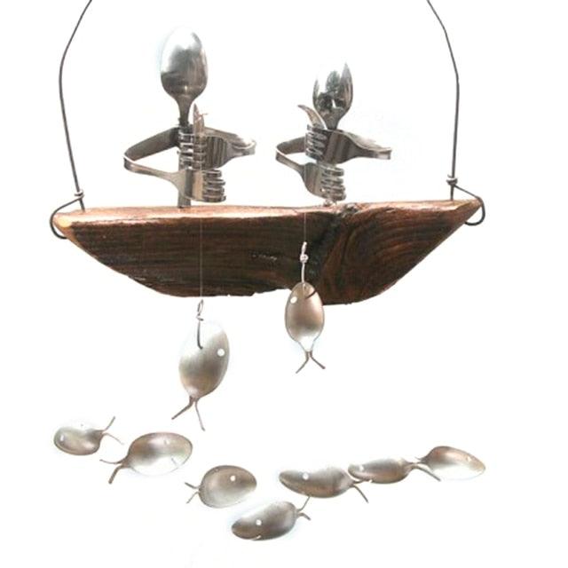 Creative Fishing Man Spoon Fish Sculptures Wind Chime Home Bedroom Painted Fish Mobile Tropical Fish Home Decor  Yard Garden Hanging Ornament Decoration