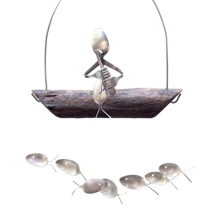 Creative Fishing Man Spoon Fish Sculptures Wind Chime Home Bedroom Painted Fish Mobile Tropical Fish Home Decor  Yard Garden Hanging Ornament Decoration