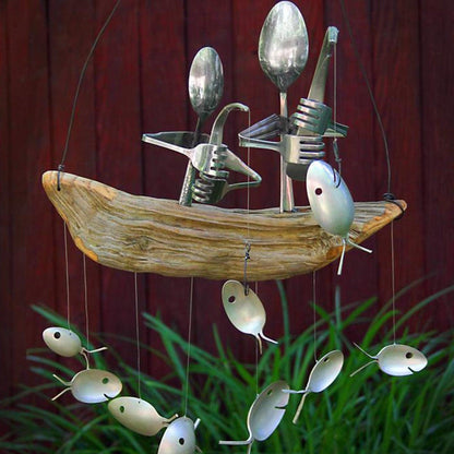 Creative Fishing Man Spoon Fish Sculptures Wind Chime Home Bedroom Painted Fish Mobile Tropical Fish Home Decor  Yard Garden Hanging Ornament Decoration