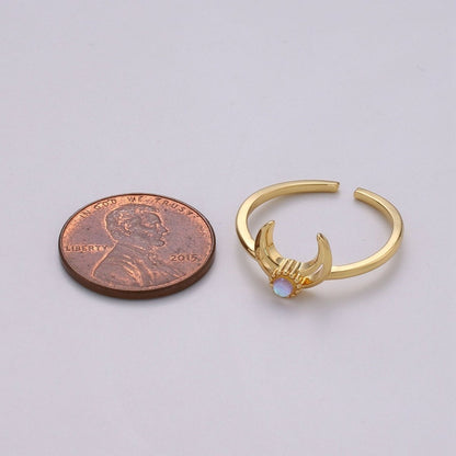 Crescent Moon Opal Ring, Moon Ring, October birthstone ring, Opal Moon Ring, Celestial Jewelry, Adjustable Gold Open Ring, Christmas gift R-137
