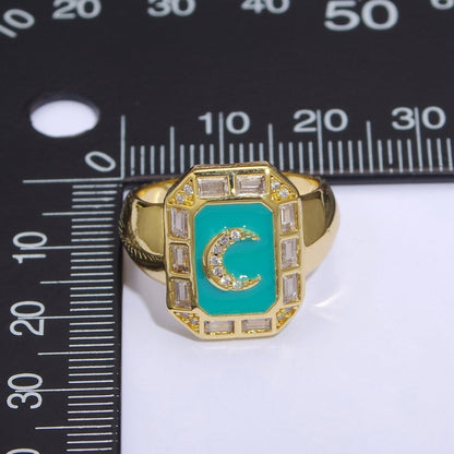 Crescent Moon Spinel Signet Ring Gold Chunky Ring Celestial Enamel Colorful Cz Jewelry U-001~U-005