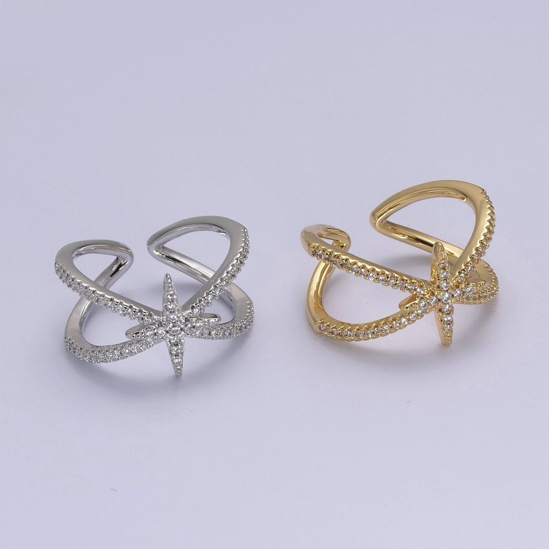 Criss Cross Star Ring, CZ Ring, Statement Ring Silver, X rings, Crossover Ring Open Adjustable 14k Gold Filled S-449 S-450