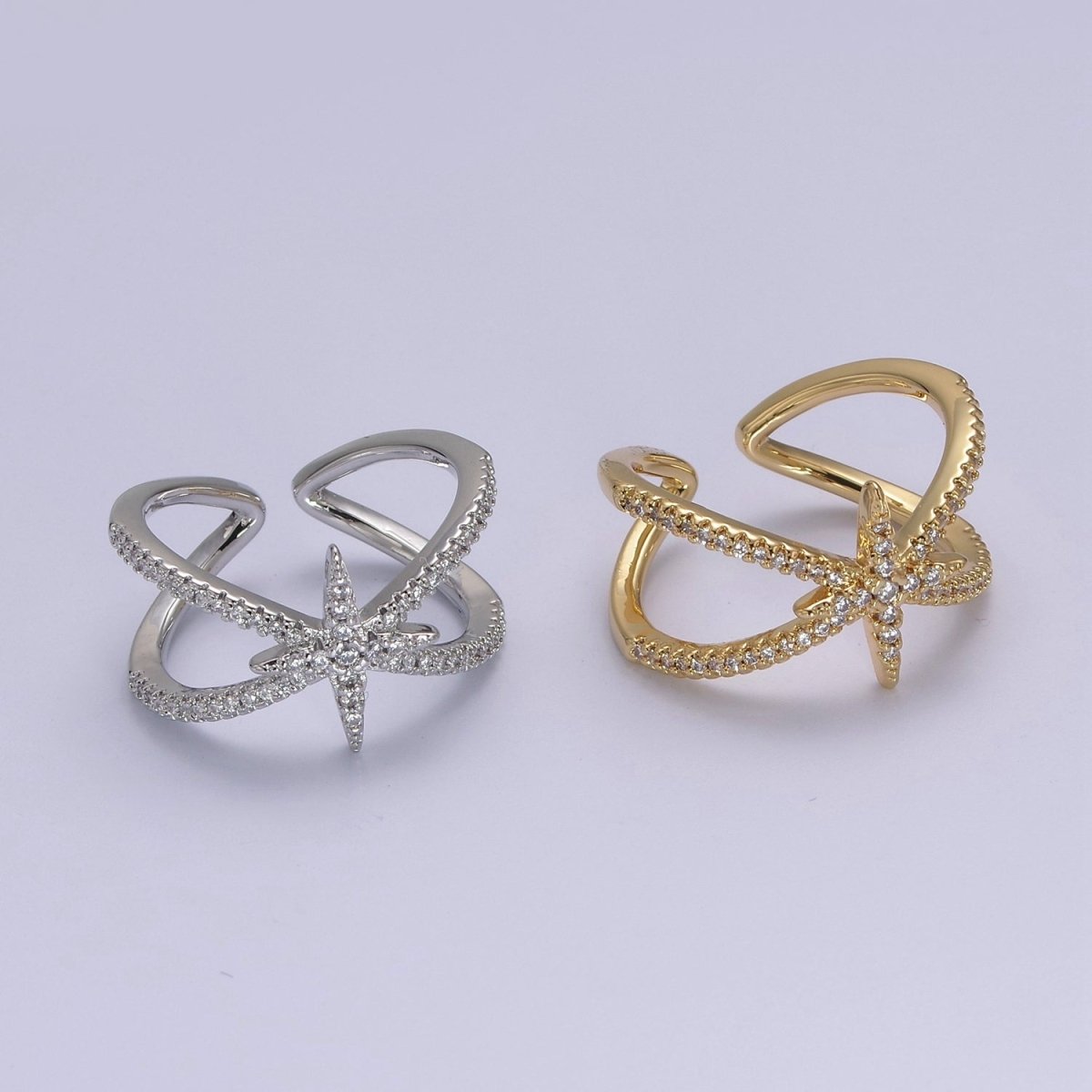 Criss Cross Star Ring, CZ Ring, Statement Ring Silver, X rings, Crossover Ring Open Adjustable 14k Gold Filled S-449 S-450