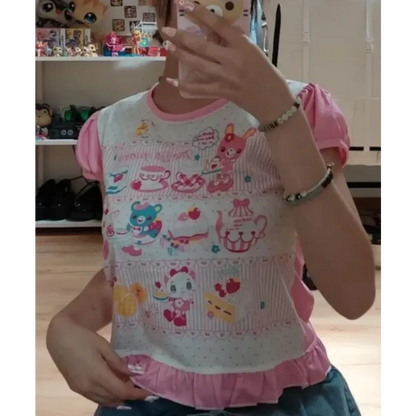 Harajuku Ruffle Cartoon Crop Tee