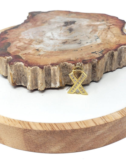 Cubic Zirconia Cancer Ribbon Hope Cooper Charm Connector, Crystal Rhinestone CZ Pave Czech Bracelet Design Gold Plated Material F-154