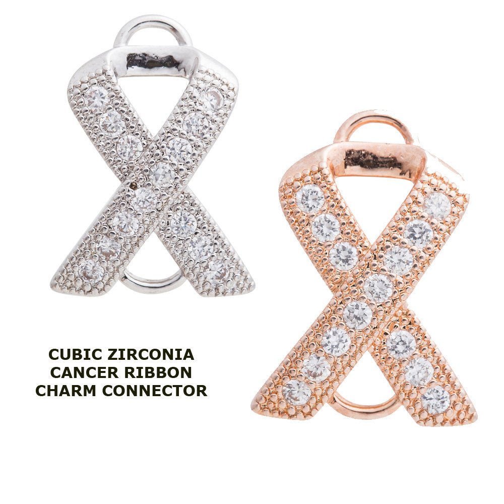 Cubic Zirconia Cancer Ribbon Hope Cooper Charm Connector, Crystal Rhinestone CZ Pave Czech Bracelet Design Gold Plated Material F-154