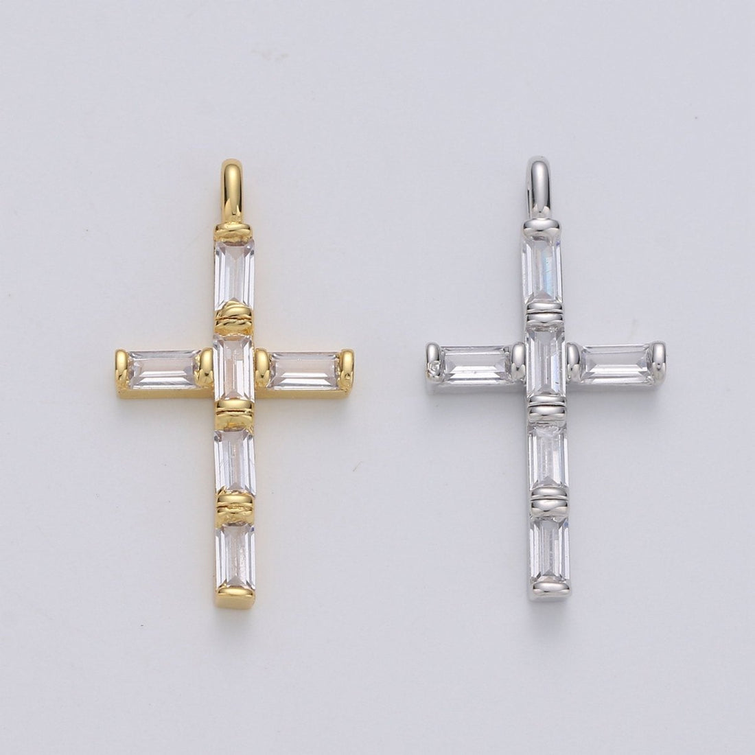 Cubic Zirconia CZ Marquise Navette Crystal Small Cross Pendant Charm Chain Necklace in 14k Gold Filled Silver Cross Charm Religious Jewelry I-657 I-658