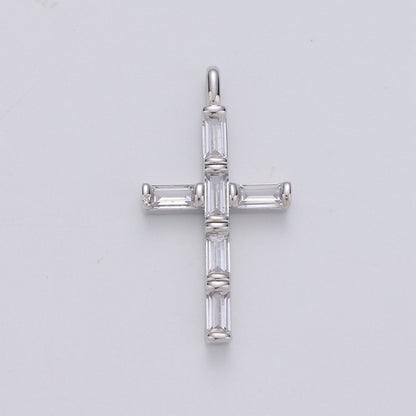 Cubic Zirconia CZ Marquise Navette Crystal Small Cross Pendant Charm Chain Necklace in 14k Gold Filled Silver Cross Charm Religious Jewelry I-657 I-658
