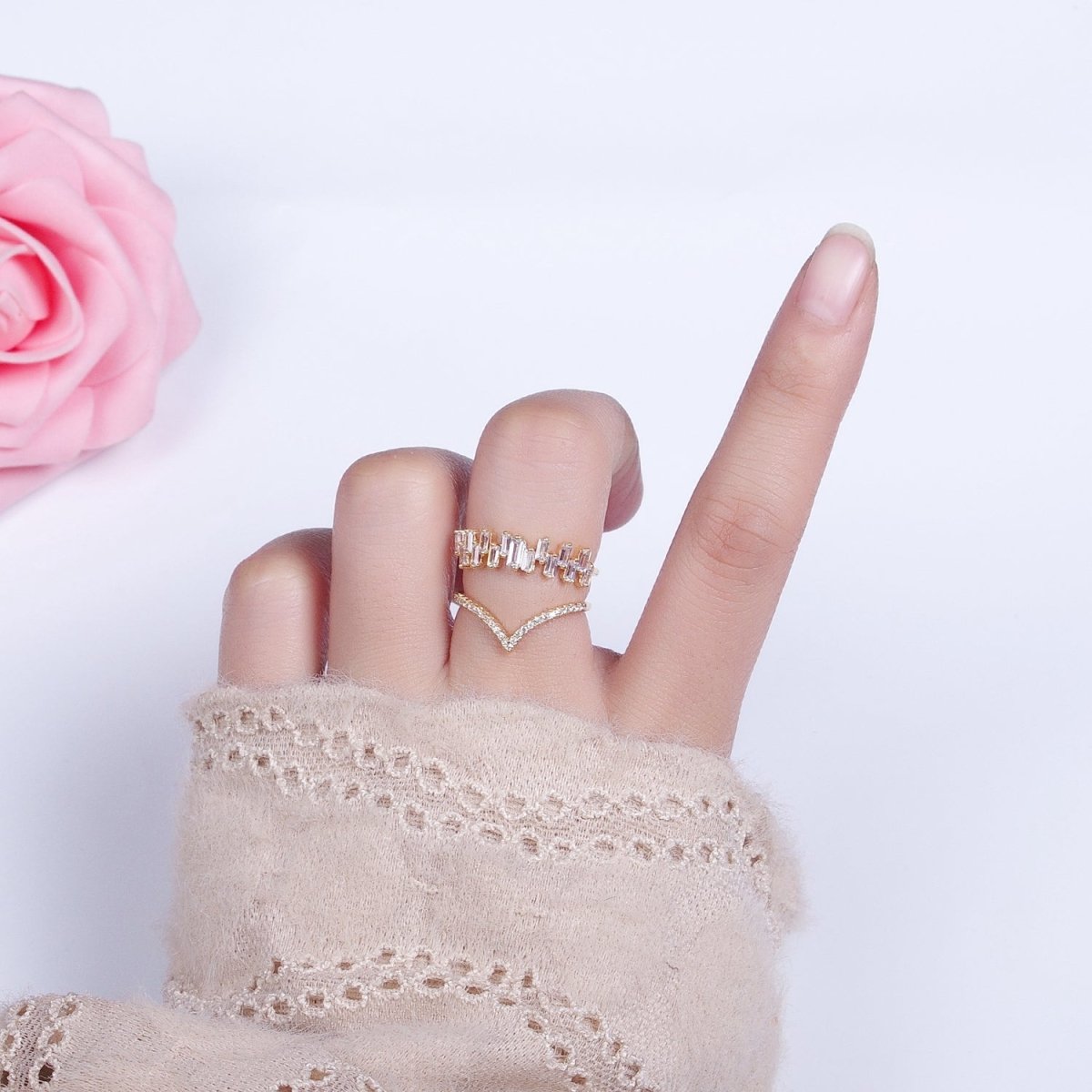 Curve Ring Baguette CZ Diamond Chevron Ring, Thin Gold Minimalist Ring | O1815 O1816