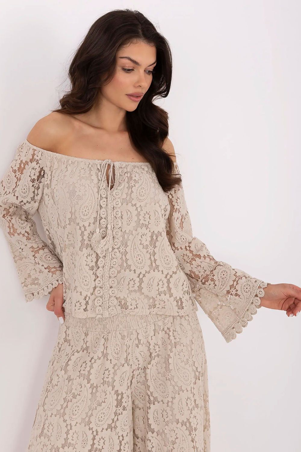 Elegant Spanish Neck Lace Tie Blouse
