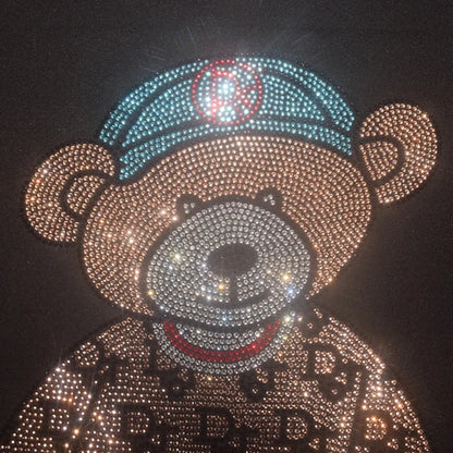 Cute Bear Cotton T-Shirt - Rhinestone Cartoon Top for Women