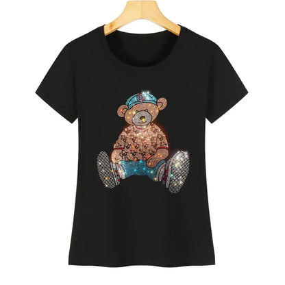 Cute Bear Cotton T-Shirt - Rhinestone Cartoon Top for Women