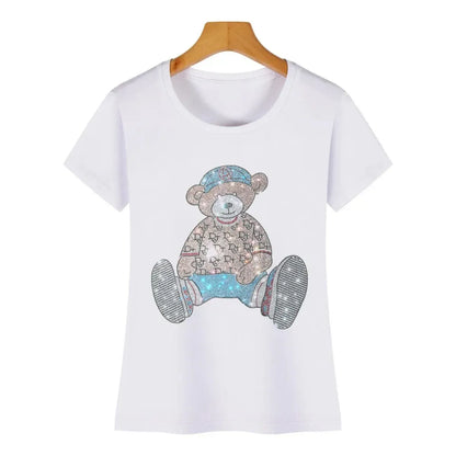 Cute Bear Cotton T-Shirt - Rhinestone Cartoon Top for Women