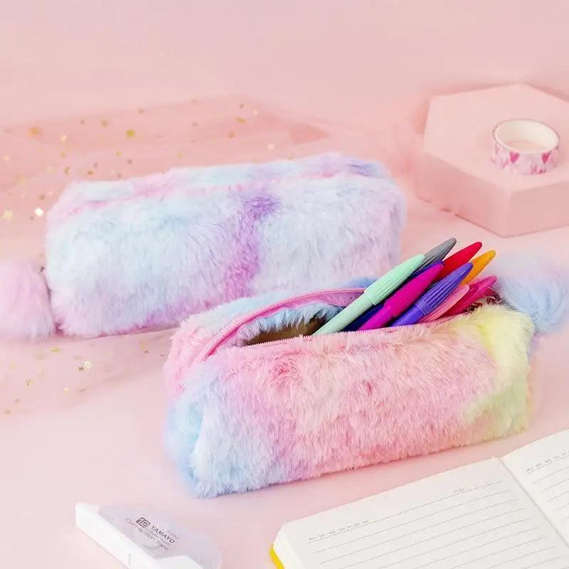 Cute Candy Color Creative Plush Students  Pencil Case Soft Stationery Large Capacity Pouch For Girls