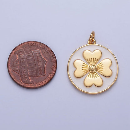 Cute Enamel Clover On Round Coin Shape Pendant, 24K Gold Filled Clover Charm, Necklace Bracelet Supply W-286