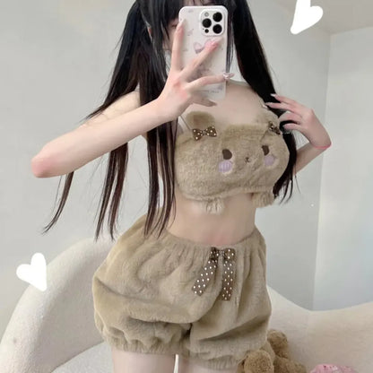 Cute Kawaii Animal Coral Fleece Lingerie Set for Women