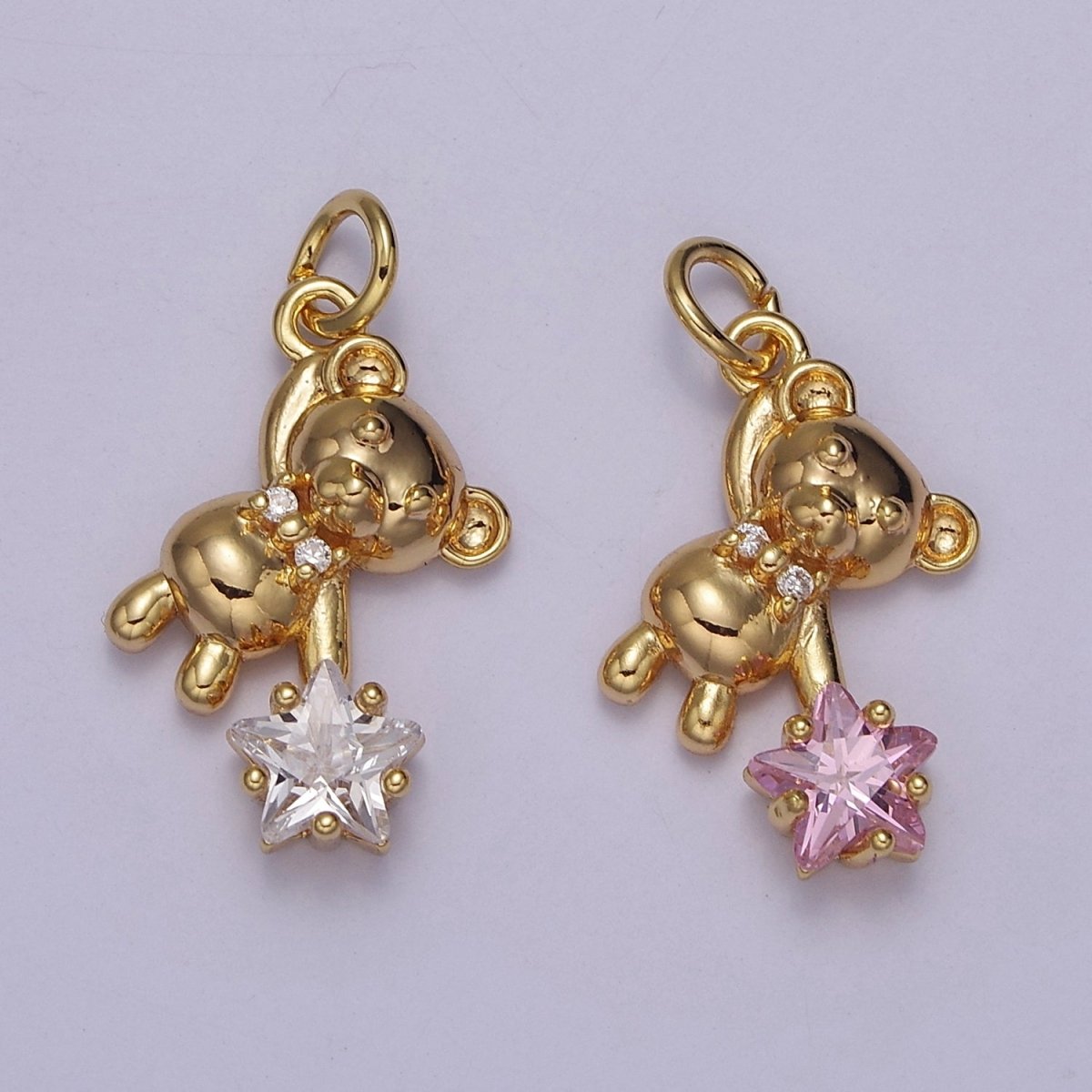 14K Gold Filled Pink, Clear CZ Star Teddy Bear Charm | C758 C874