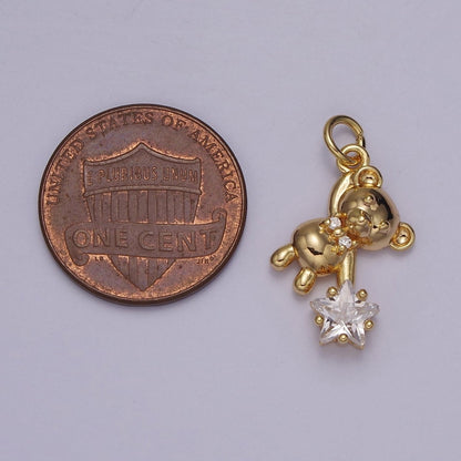 14K Gold Filled Pink, Clear CZ Star Teddy Bear Charm | C758 C874