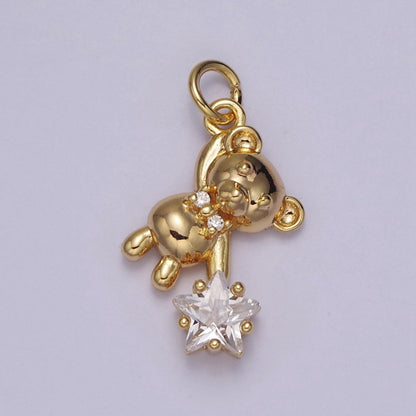 14K Gold Filled Pink, Clear CZ Star Teddy Bear Charm | C758 C874