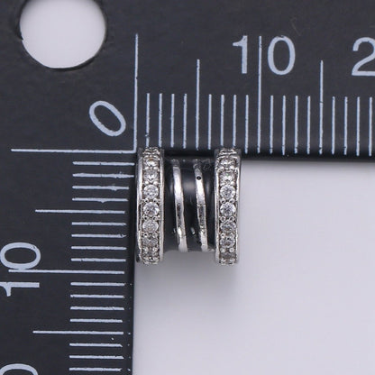 CZ Micro Pave Big Hole Drum Spacer Beads, Cubic Zirconia Large Hole Spacer Beads Silver Black Beads 8.4x9.2mm B-365