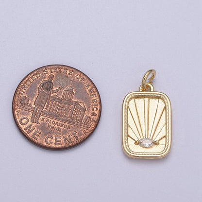 CZ Micro Pave Evil Eye On Rectangle Shape Pendant, 16K Gold Filled Sunburst Charm, Necklace Bracelet Earring Supply N-274