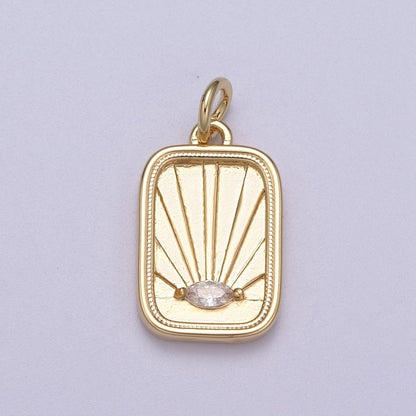 CZ Micro Pave Evil Eye On Rectangle Shape Pendant, 16K Gold Filled Sunburst Charm, Necklace Bracelet Earring Supply N-274