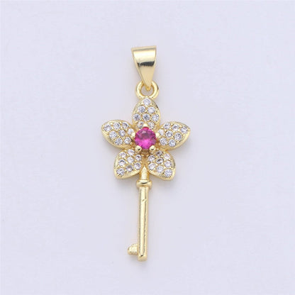 CZ Micro Pave Key Pendants, Gold Key Charm Cubic Zirconia Necklace Bracelet Earring CharmI-357