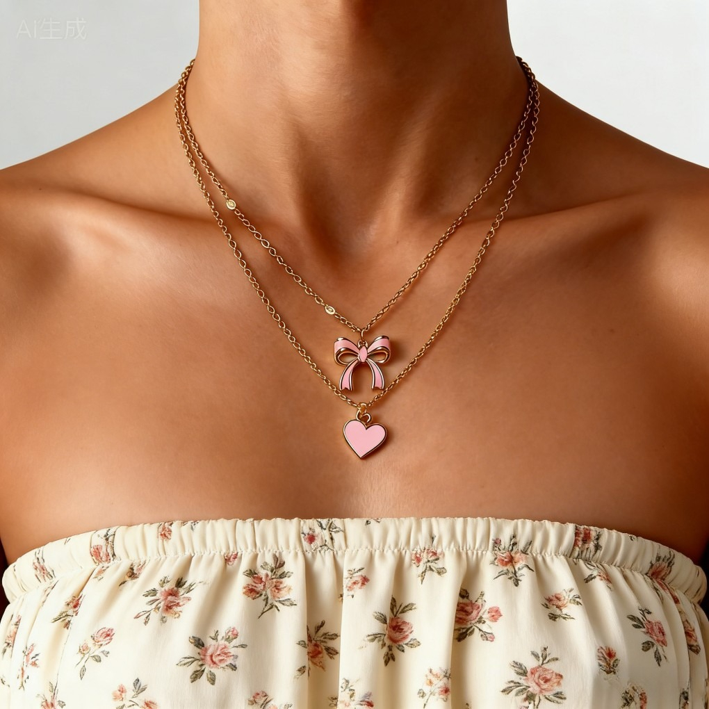 Sweet Pink Heart &amp; Bow Layered Necklace