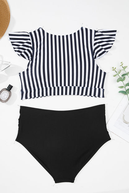 Black Stripe Knot Cutout Ruffle Sleeve and High Waisted 2pcs Swimsuit