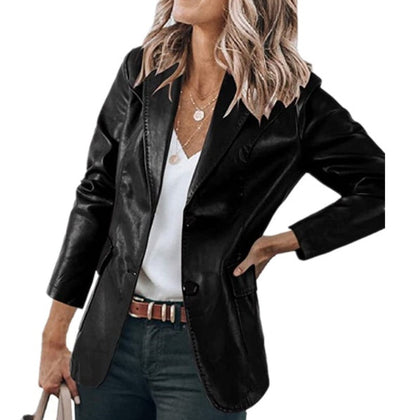 Lapel Single Breasted Solid Color PU Leather Women&