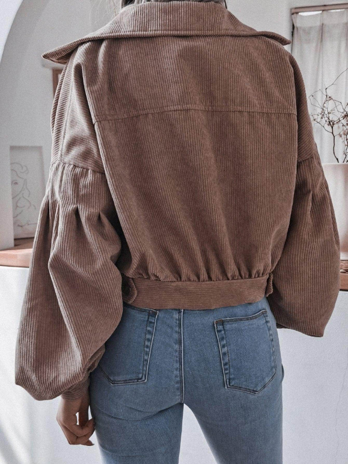Lantern Sleeve Cropped Corduroy Jacket for Stylish Comfort