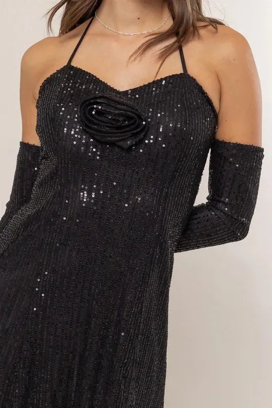 HYFVE Sequin Rosette Halter Mini Dress
