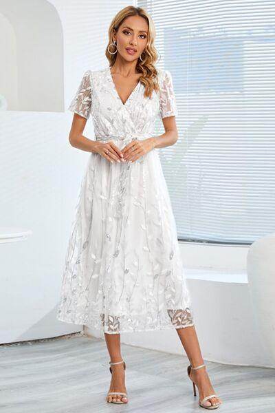 Sequin Leaf Embroidery Tie Front Short Sleeve Dress for Women