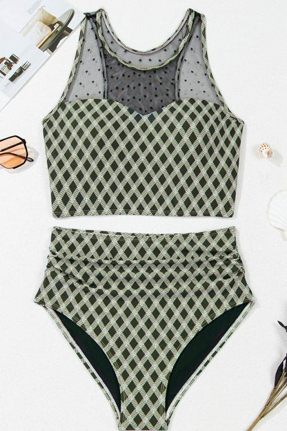 Dotted Mesh Plaid Patchwork High Waisted Swim Set