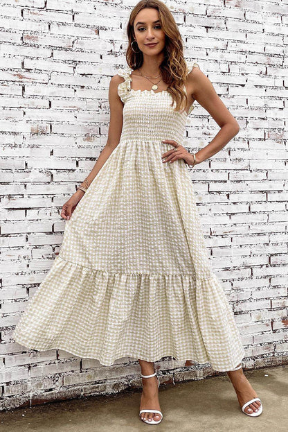 Plaid Ruffle Strap Square Neck Dress for Casual Style