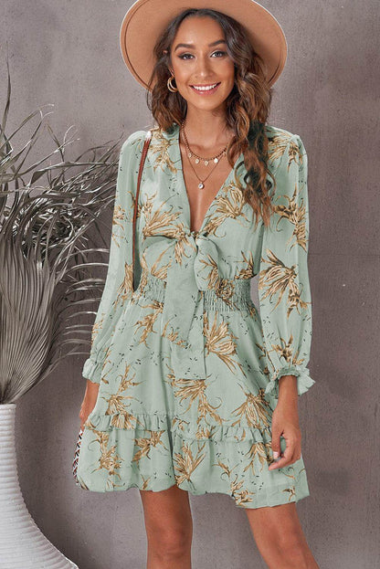 Floral Deep V Flounce Sleeve Mini Dress for Casual Chic