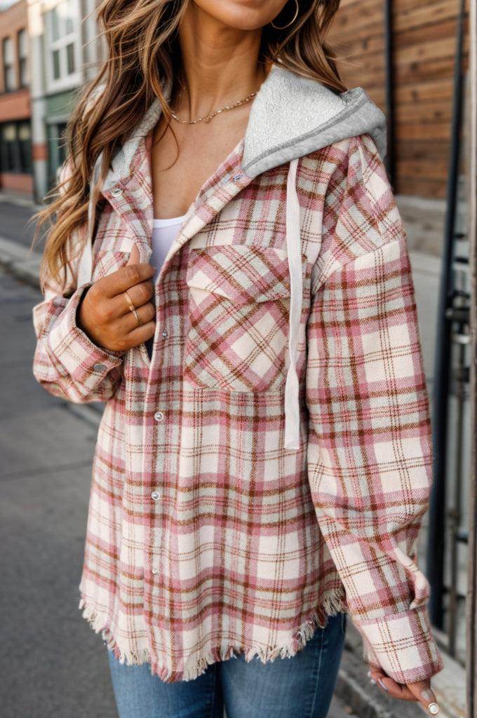 Plaid Raw Hem Drawstring Hooded Jacket for Women