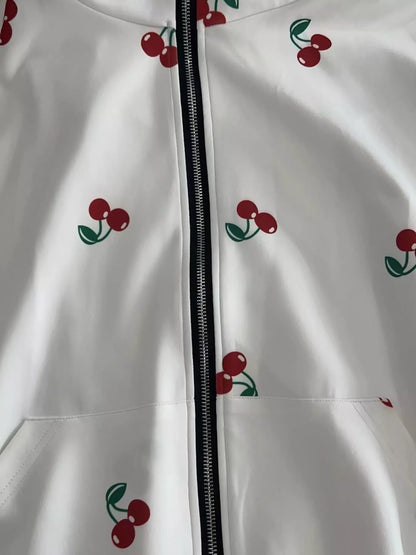 Cherry Print Oversized Zip-Up Hoodie
